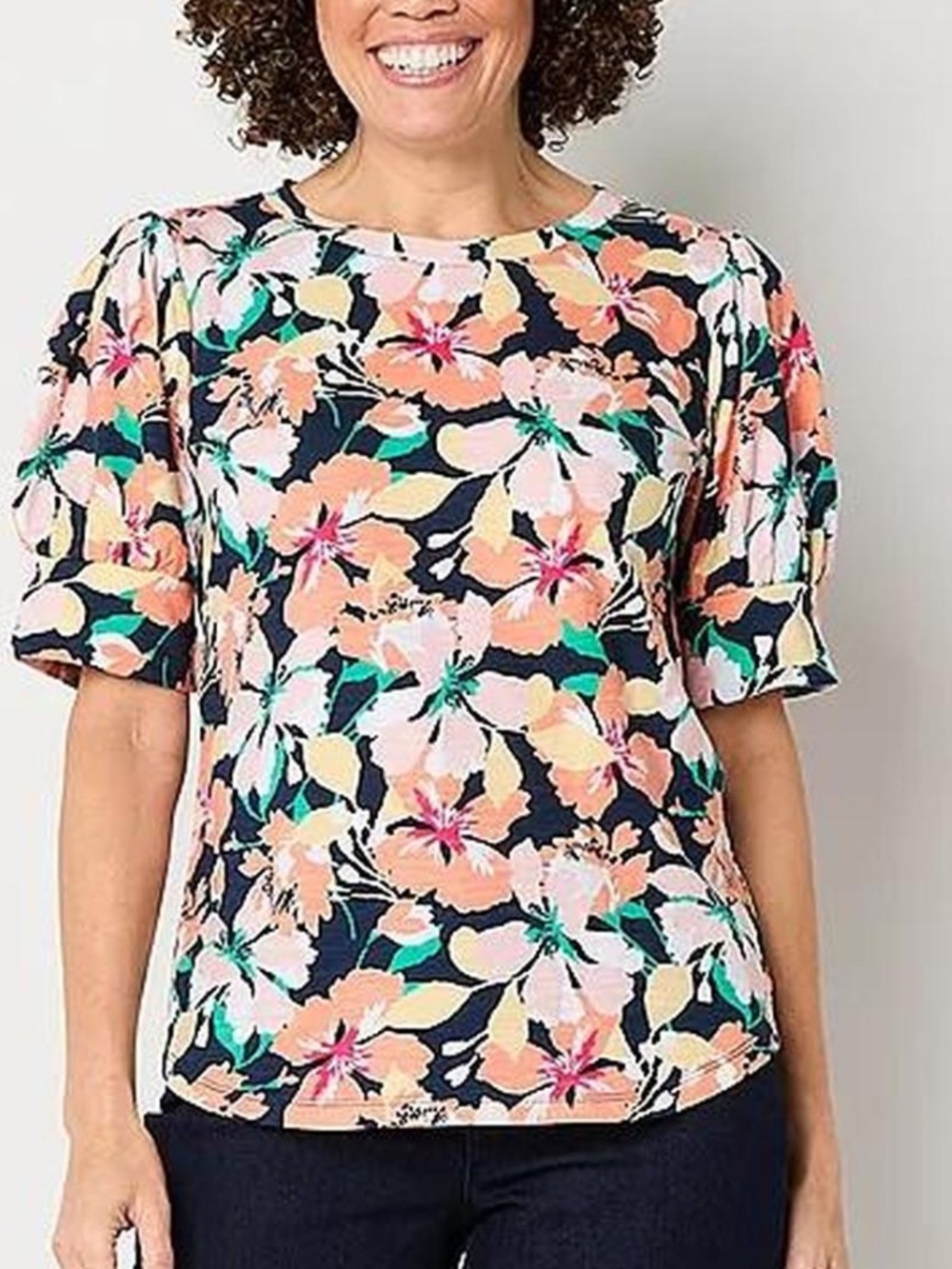 Liz Claiborne XXL Floral Puff-Sleeve Crewneck Top - Navy Multi